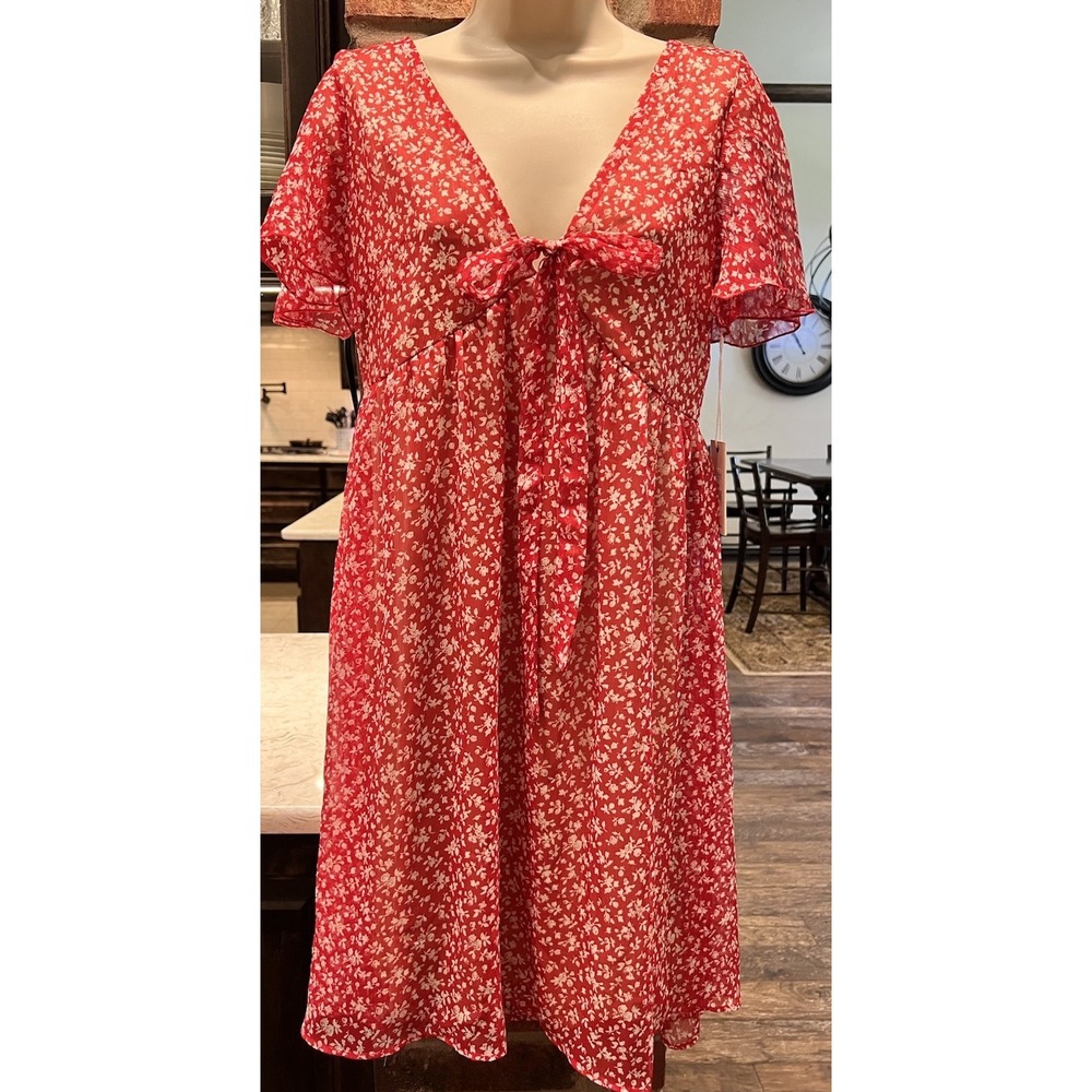 Dex Womens V Neck Tie Front Floral Mini Dress Size M Ditsy Red